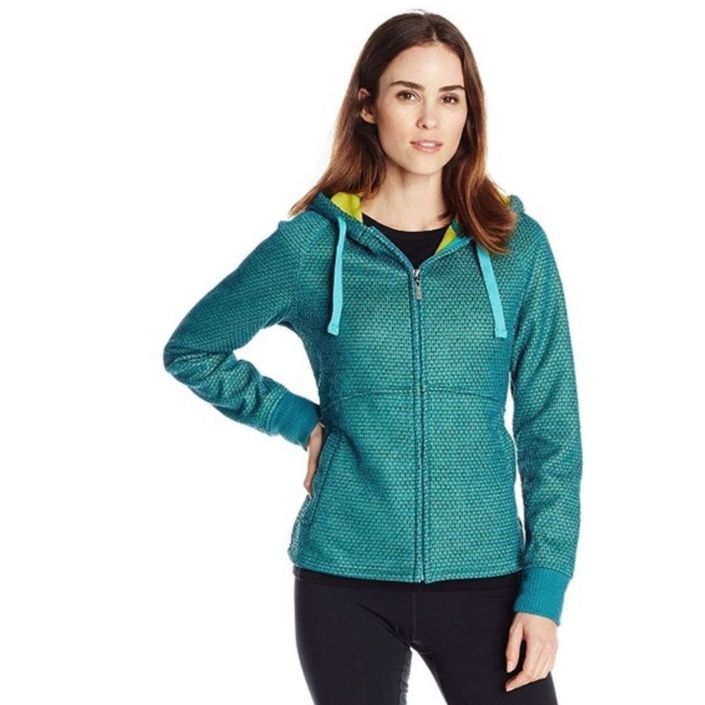 PRANA Akita Teal Green Melange Knit Bonded Fleece L/S Hoodie Jacket‎ Womens Sz M